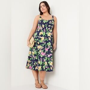 Navy Floral Fit & Flare Linen-Blend Midi Dress XXL